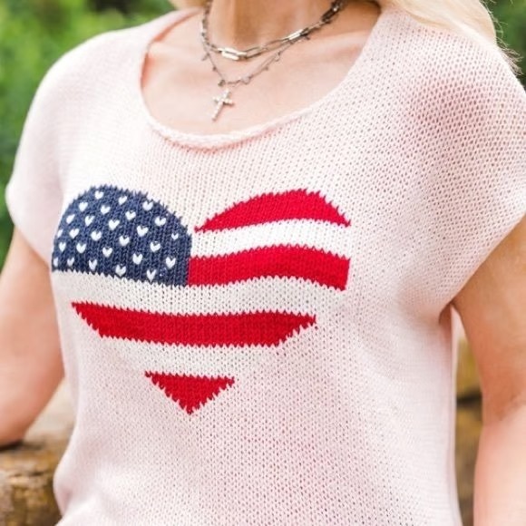 Wooden Ships Pink Heart American Flag top Size S/M - Picture 1 of 5